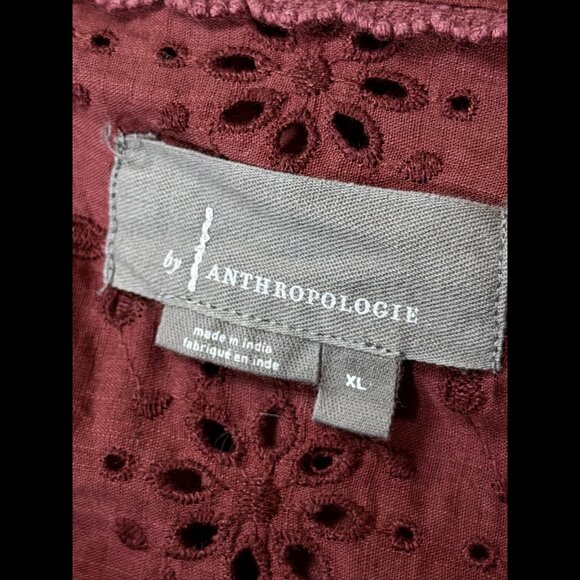 Anthropologie Top XL Womens Burgundy Balloon Sleeve V Neck Eyelet Trim Boho - Picture 6 of 8